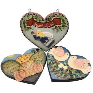 Set Of 3 Wooden Hearts Hanging Fall Scene Christmas Angel Valentine Birds Spring